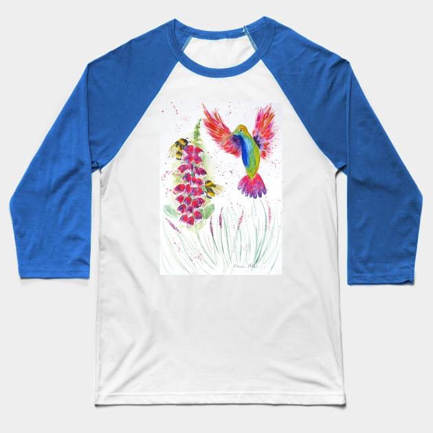 Cute Hummingbird, bumblebees and Foxglove Baseball T-Shirt by Casimirasquirkyart